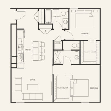 Rendering of the B1 - Two Bedroom floor plan with 2 bedroom[s] and 2 bathroom[s] at Brix