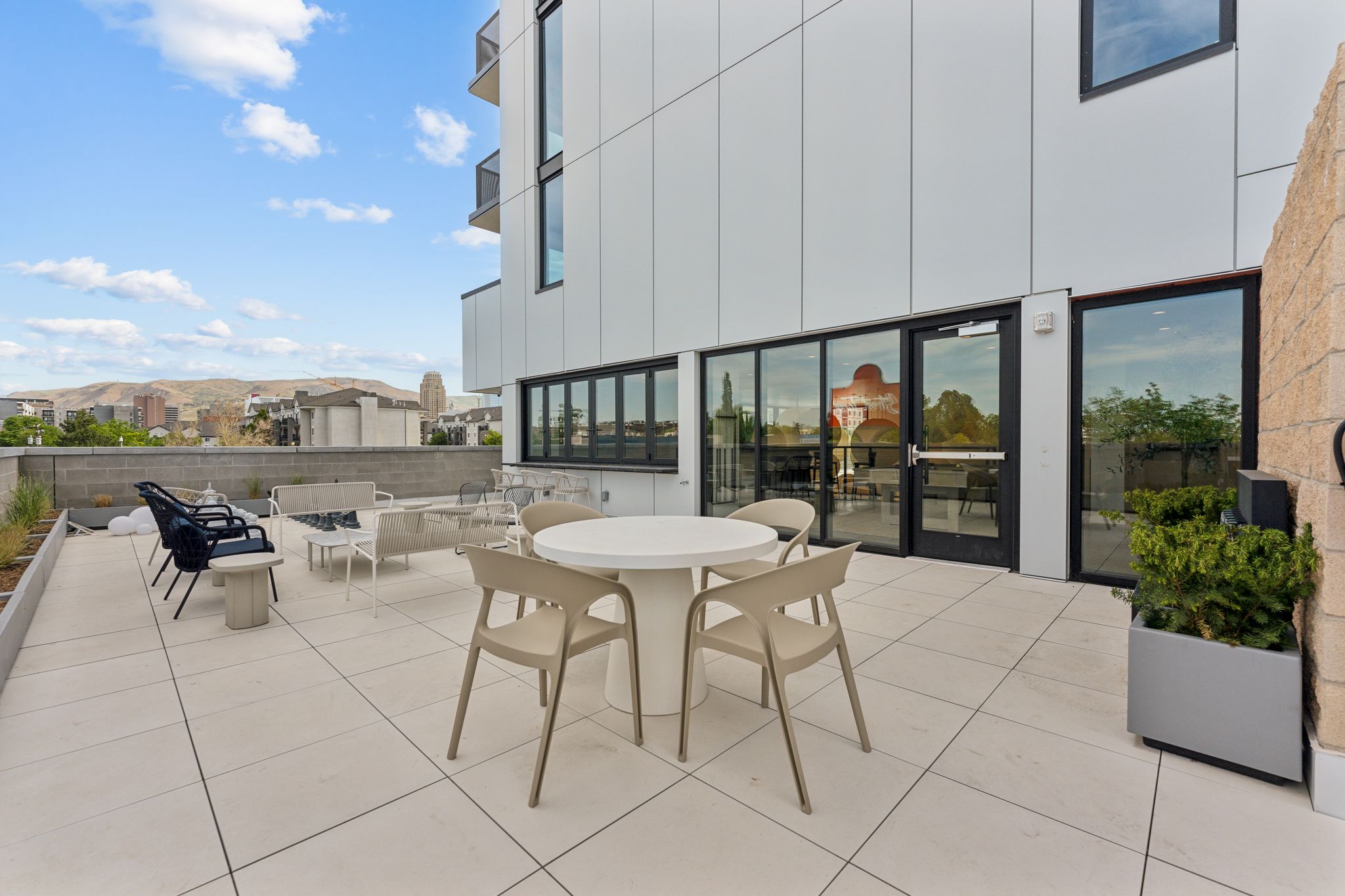 Terrace at Brix Residences with mountain views in Salt Lake City.