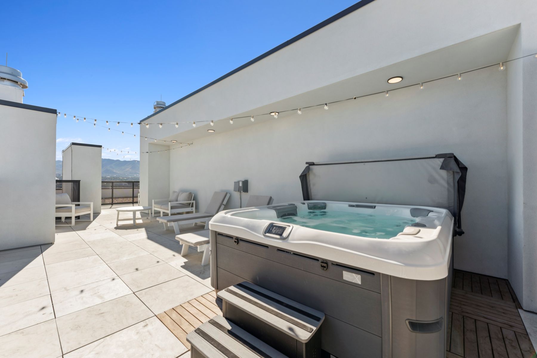 Hot tub on private balcony at Brix Residences in SLC